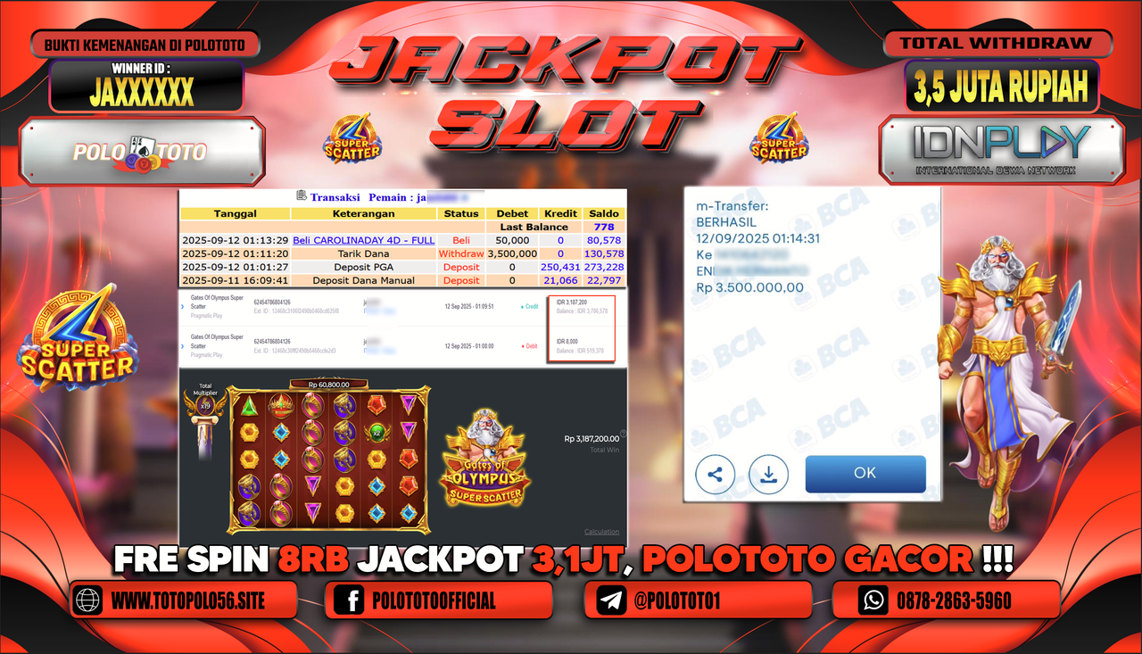 POLOTOTO JACKPOT SLOT GATES OF OLYMPUS SUPER SCATTER Rp.3.500.000,-