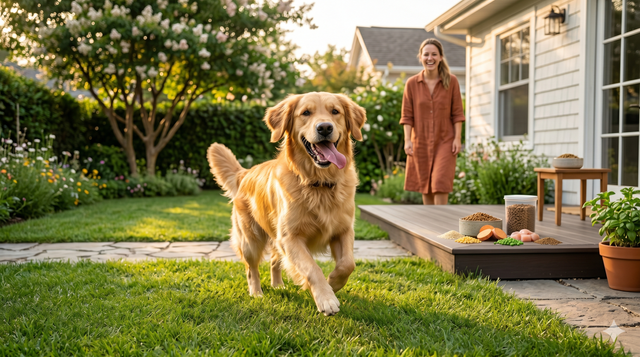 Cachorro com pelagem brilhante e cheio de energia após mudança para ração grain free — saúde que começa na alimentação