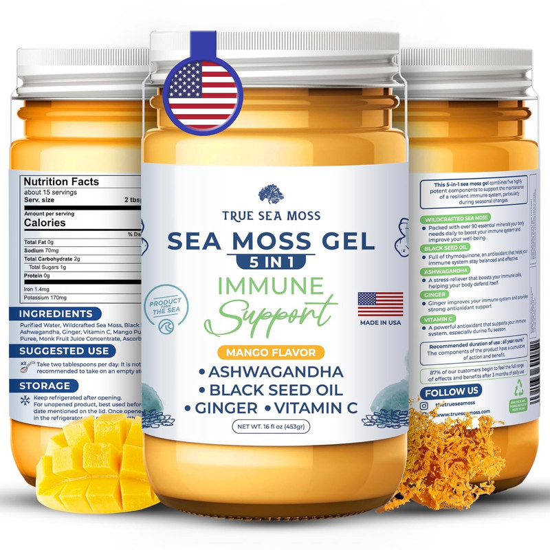 TrueSeaMoss Wildcrafted Irish Sea Moss Gel - Made with Dried Seaweed - Seamoss, Vegan-Friendly, Antioxidant Supports Thyroid & Digestion - Made in USA
(5 in 1 - Mango, Vitamin C, Ginger, Ashwagandha, Black Seed Oil, Pack of 1) Sea Moss Gel 5 in 1 - Mango, Vitamin C, Ginger, Ashwagandha, Black Seed Oil