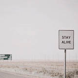 A light beige and white photo of the dried grass at the side of a road. To the right is a sign that reads: "stay alive."