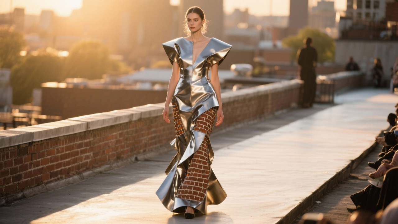 Девушка в платье с дизайном в виде кирпичей