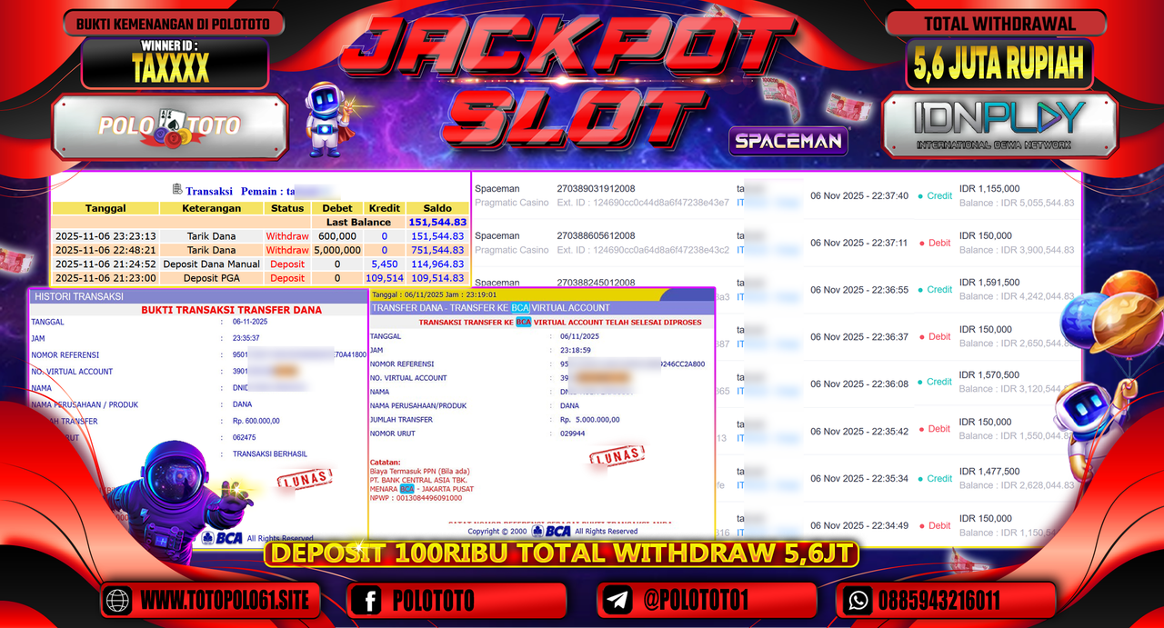 POLOTOTO JACKPOT SLOT SPACEMAN Rp.5.600.000,- LUNAS