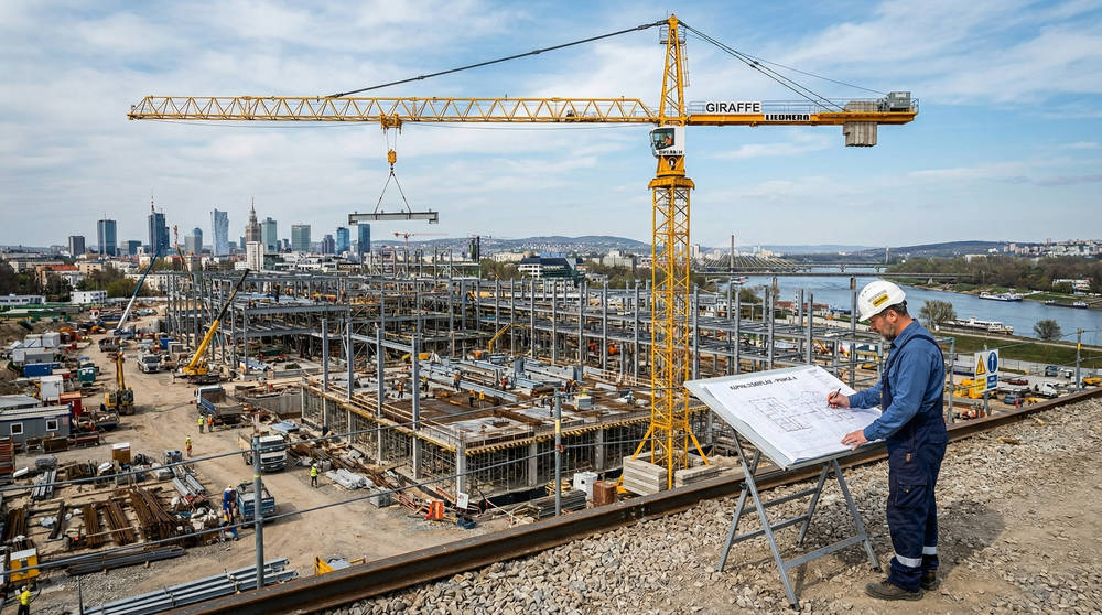 Башенный кран на строительстве склада из металлоконструкций, главный инженер на переднем плане, визуализация процесса подбора техники для промышленного объекта