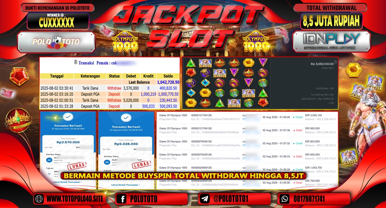 POLOTOTO JACKPOT SLOT GATES OF OLYMPUS 1000 Rp.8.500.000,-LUNAS