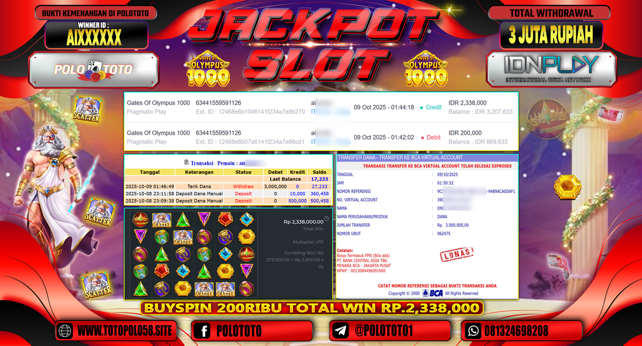 POLOTOTO JACKPOT SLOT GATES OF OLYMPUS 1000 Rp.3.000.000,- LUNAS