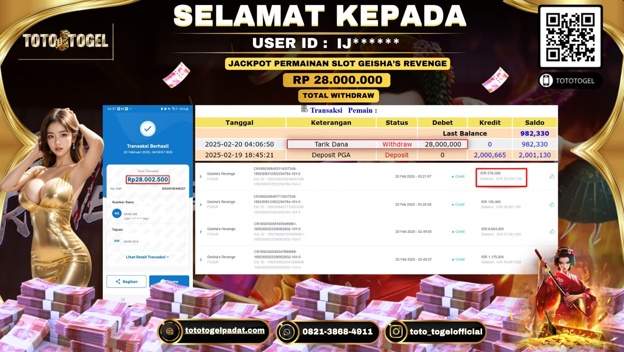 Bukti Pembayaran Jackpot  Permainan Slot Geishas Revenge  ID:IJ***** LUNAS