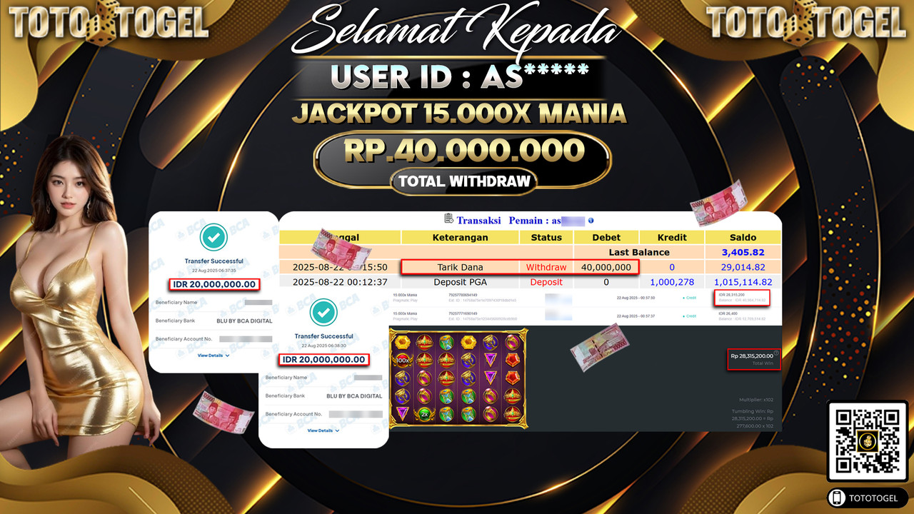 Bukti Pembayaran Jackpot Permainan Slot 15.000X Mania ID:AS***** LUNAS