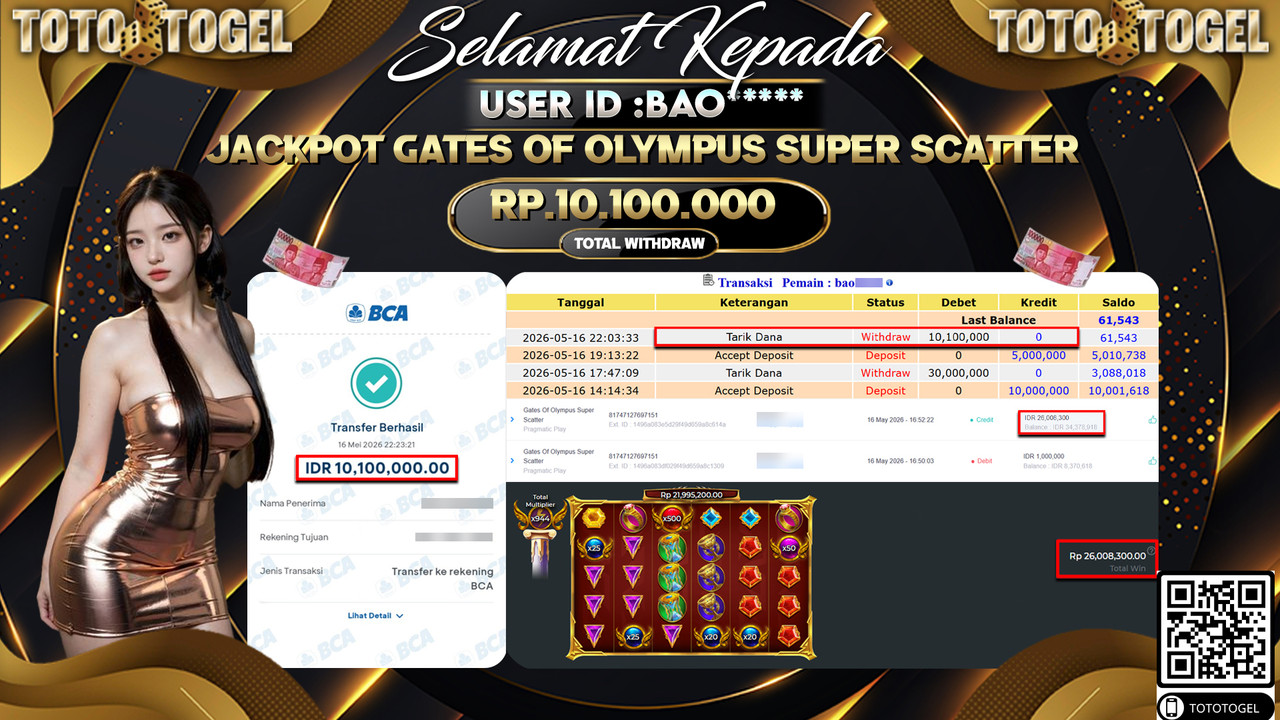 Bukti Pembayaran Jackpot Permainan Slot Gates Of Olympus Super Scatter ID:BAO***** LUNAS