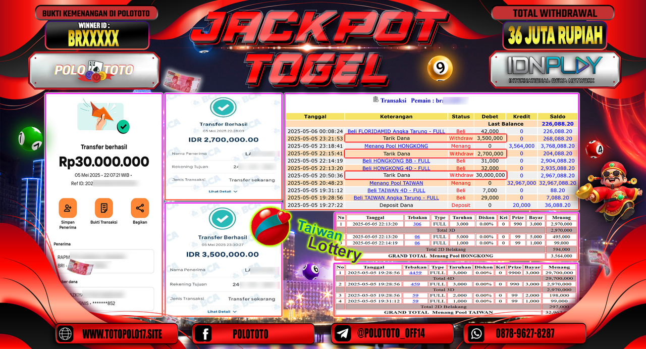 POLOTOTO JACKPOT TOGEL TAIWAN POOLS & HONGKONG LOTTO Rp.36.200.000,-