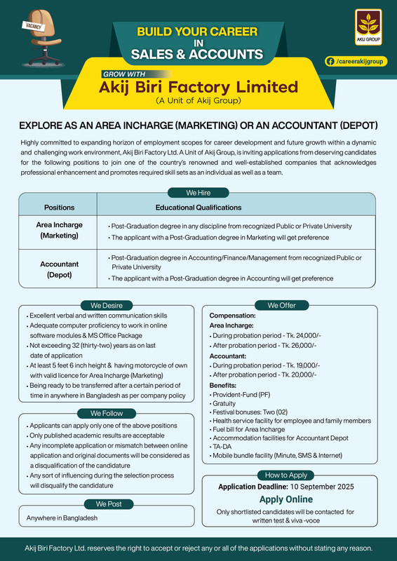 Akij Biri Factory Limited Area In Charge (Marketing) Job Circular 2025