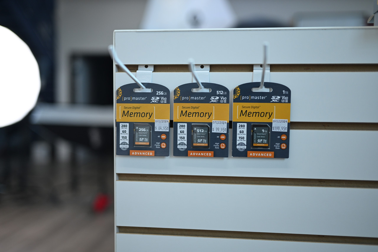 ProMaster memory cards on a store display