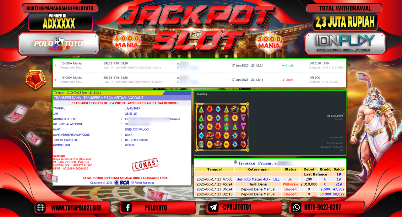 POLOTOTO JACKPOT SLOT 15.000X MANIA Rp.2.310.000,-