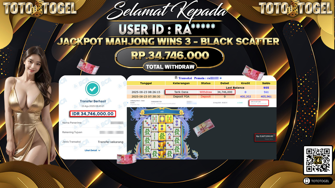 Bukti Pembayaran Jackpot Permainan Slot Mahjong Wins 3 - Black Scatter ID:RA***** LUNAS