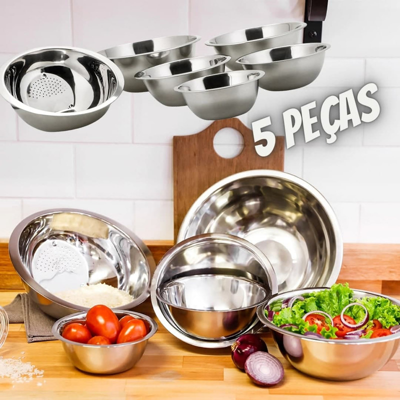 Conjunto de Tigelas 5 peças Inox + Escorredor de Arroz – La Cuisine