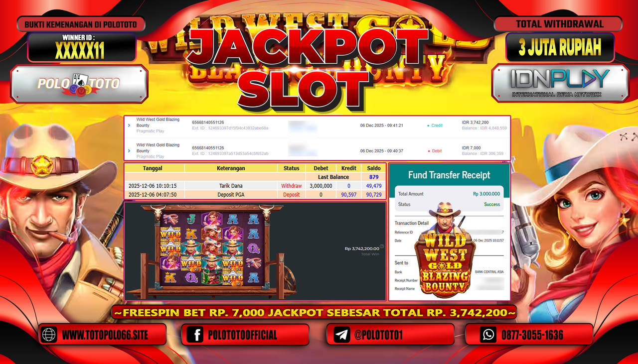 POLOTOTO JACKPOT SLOT WILD WILD WEST GOLD BLAZING Rp.3.000.000,- LUNAS