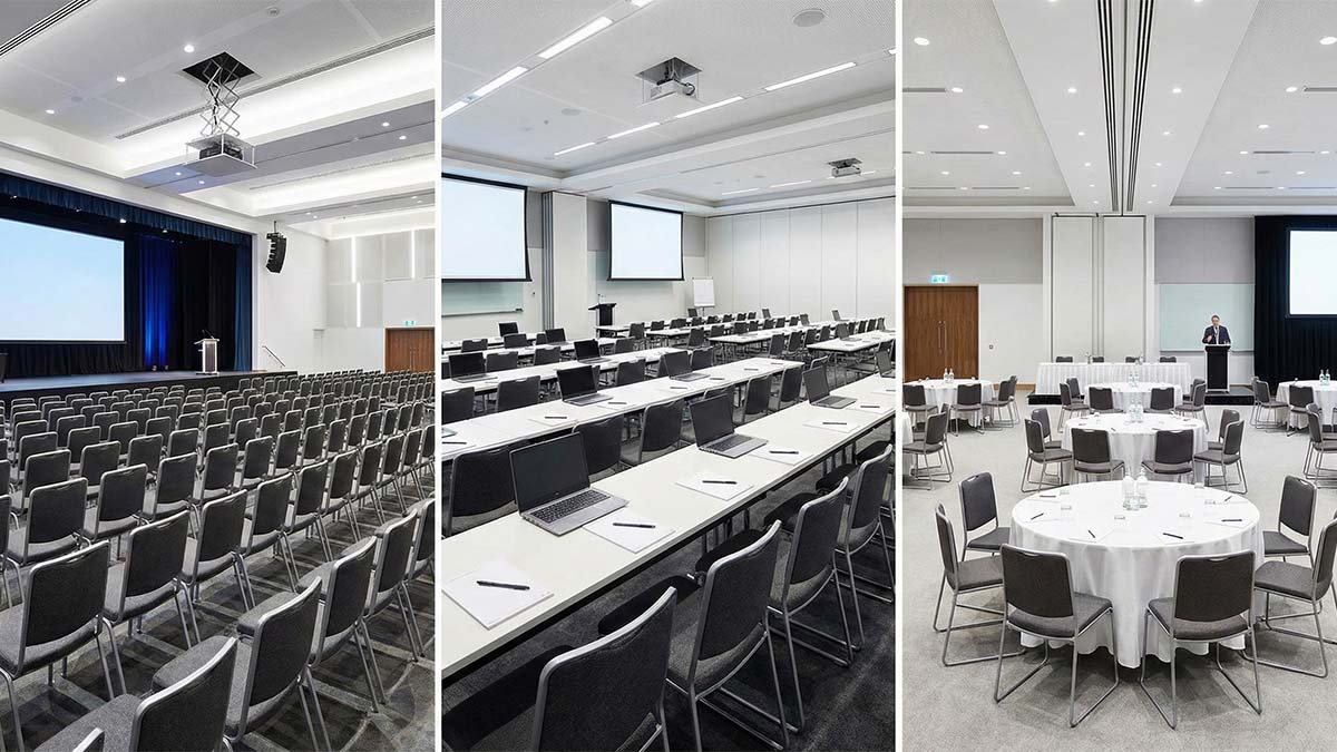 Сравнение трех типов рассадки: театр для слушателей, класс для обучения и кабаре для групповой работы.