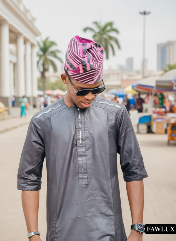 Abdulkareem Fawaz, CEO of FAWLUX (formerly AMSUCC BESPOKE) bespoke tailoring in Lagos wearing premium kaftan