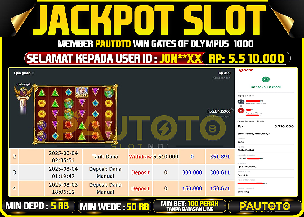 BUKTI PEMBAYARAN TGL 3 AGUSTUS2025 MENANG DI PERMAINAN GATES OF OLYMPUS 1000 TOTAL WD 5 JUTAAN