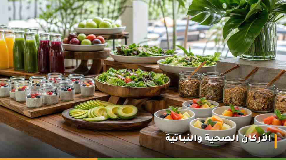 ركن صحي وعضوي في بوفيه إفطار فندق بمكة يضم السلطات الطازجة والشوفان والفواكه والعصائر