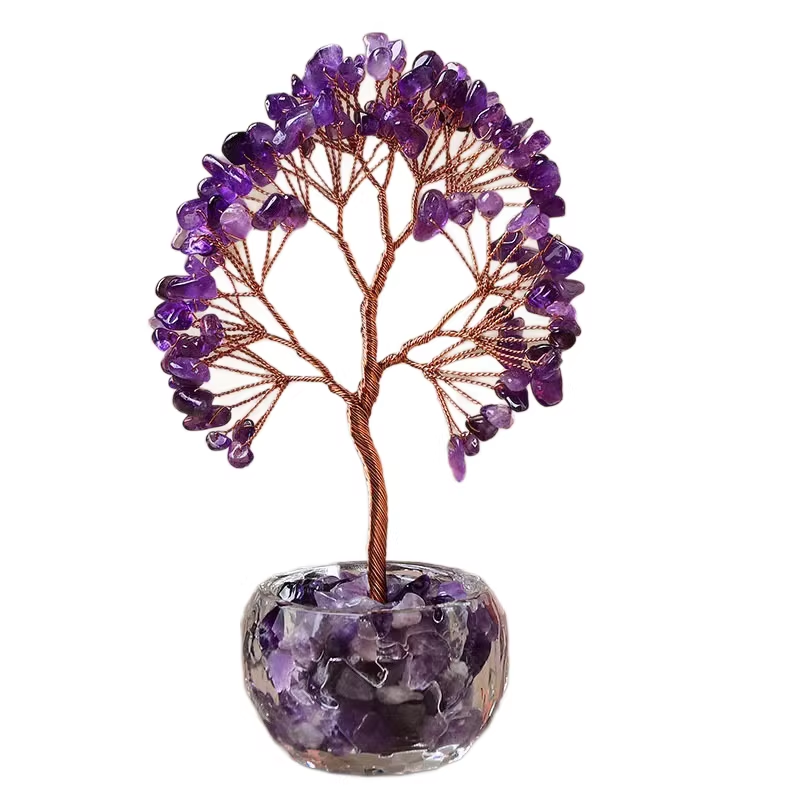 Purple Natural Crystal Tree Ornament – Handmade Miniature Decorative Tree with Glass Base for Home, Office & Gift