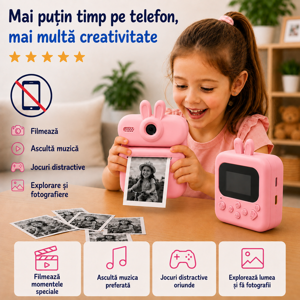 Aparat foto pentru copii roz cu autonomie de până la 120 minute