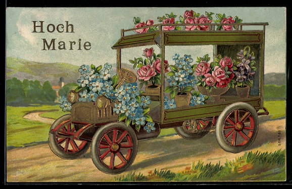 AK Blumentoepfe Vasen in einem Auto zum Geburtstag