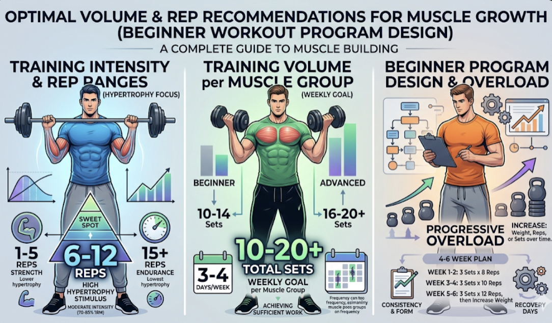 Infographic showing volume and rep recommendations for muscle growth with 10-20 sets per week and 6-12 rep range, explaining strength training plan