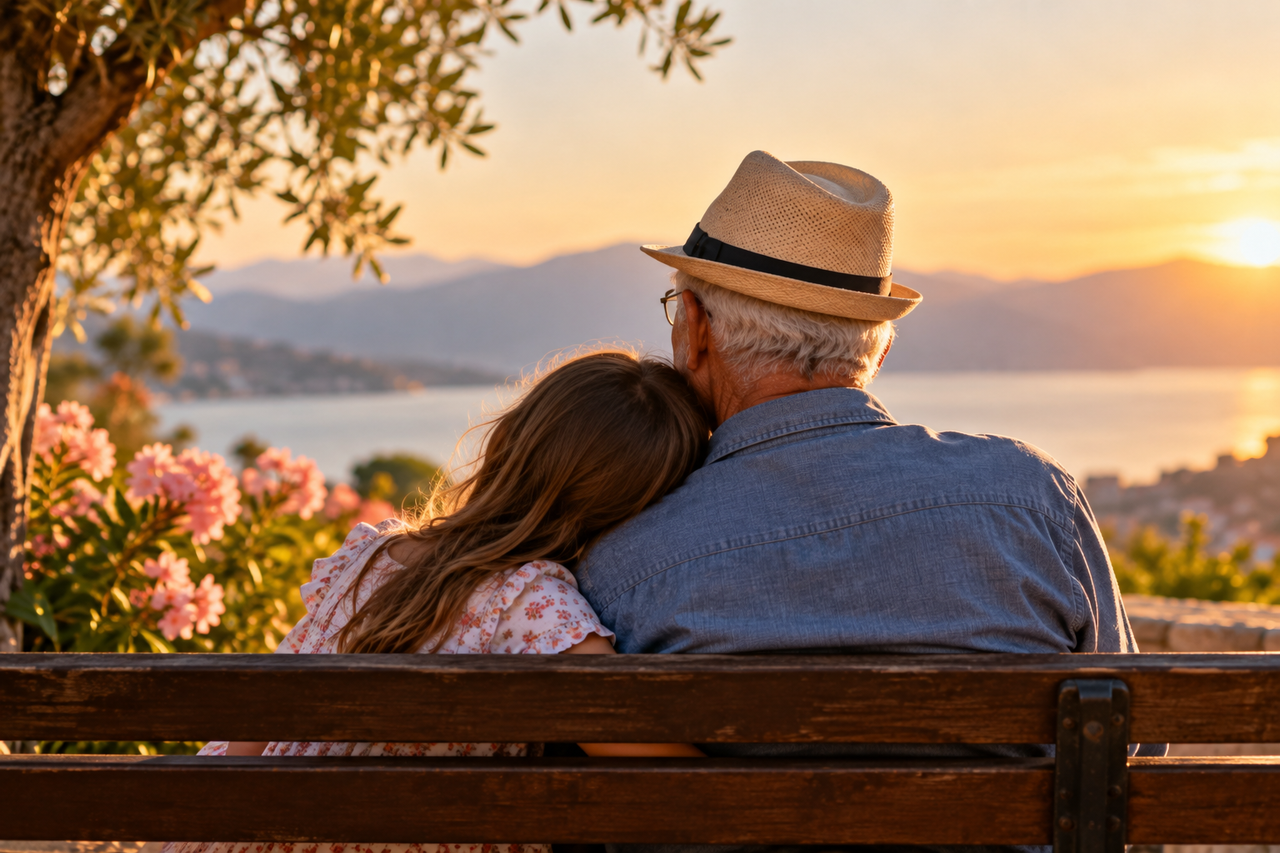 Festa dei Nonni 2026, il legame tra nonni e nipoti Festa dei Nonni, nonno e nipote abbracciati di spalle su una panchina al tramonto