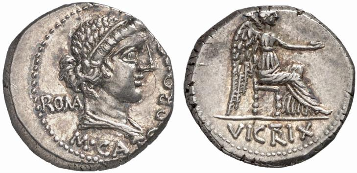 Denario de la gens Porcia. VICTRIX. Victoria sedente a dcha. Utica. 2