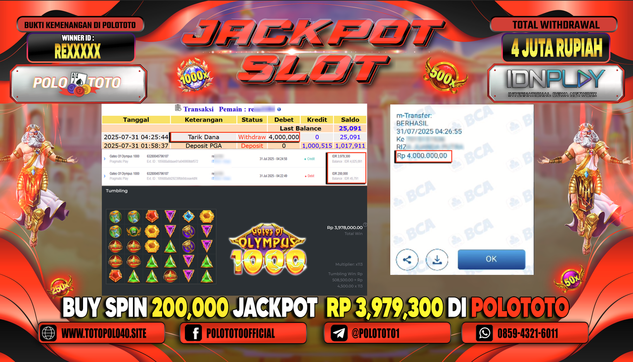 POLOTOTO JACKPOT SLOT GATES OF OLYMPUS 1000 Rp.4.000.000,-LUNAS