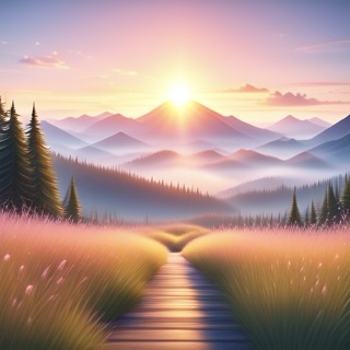 The sun rises over mountains, casting light across the landscape.
