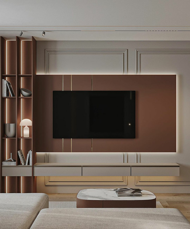 Contemporary Light Beige TV Unit Design With Bronze Tinted Mirror