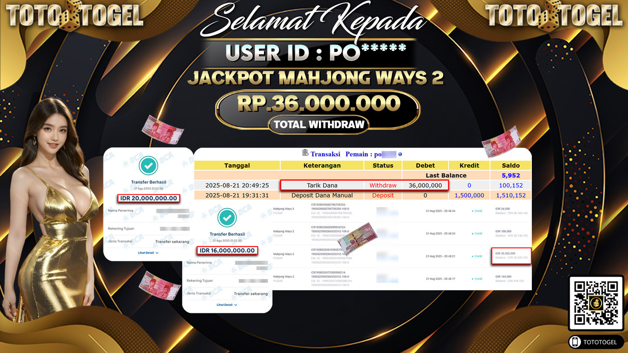 Bukti Pembayaran Jackpot Permainan Slot Mahjong Ways 2 ID:PO***** LUNAS