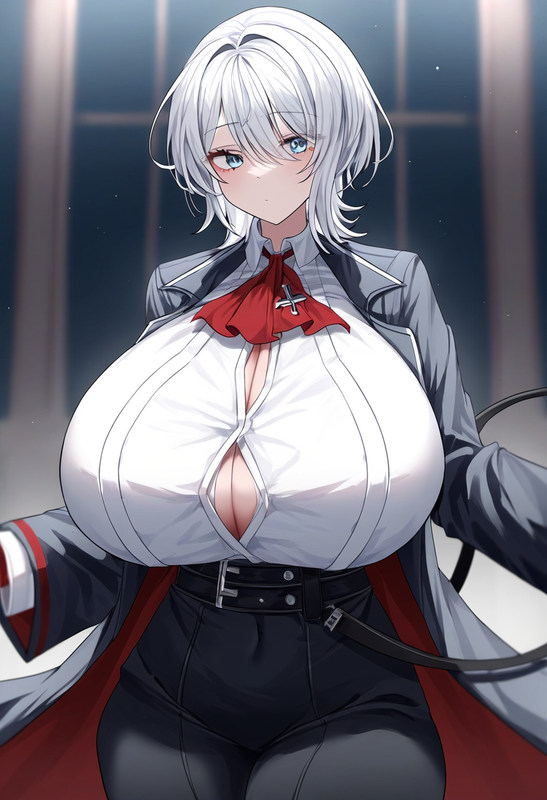 depth of field, 1girl, faust (limbus company), short hair, white hair, {{giganti s-119136147