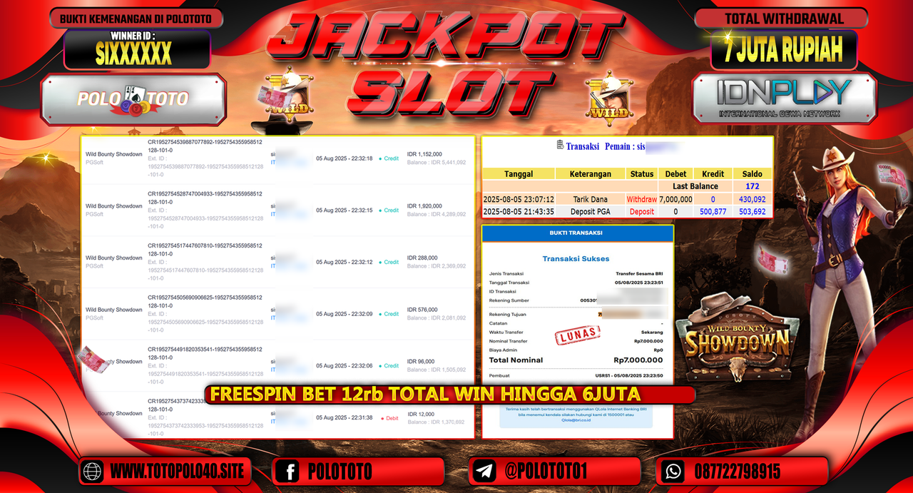POLOTOTO JACKPOT SLOT WILD BOUNTHY SHOWDOWN Rp.7.000.000,-LUNAS