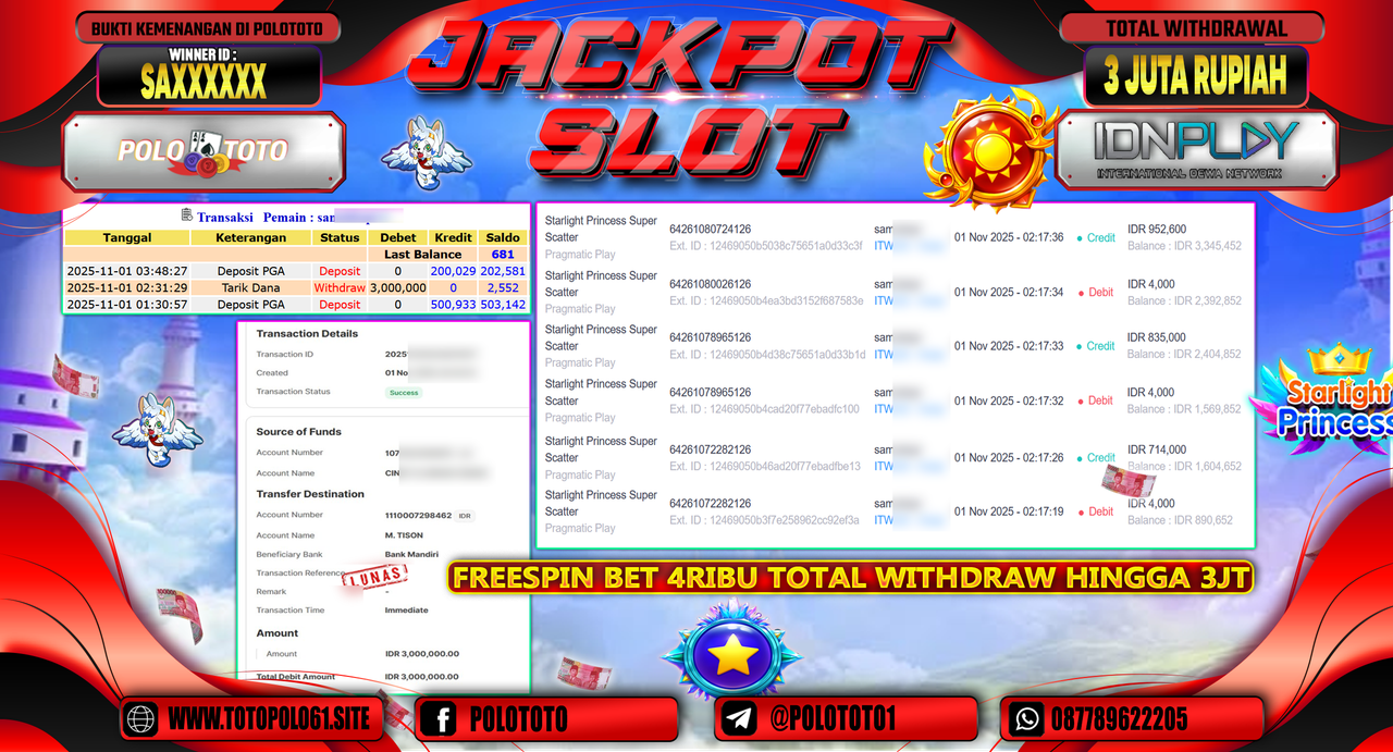 POLOTOTO JACKPOT SLOT STARLIGHT PRINCESS SUPER SCATTER Rp.3.000.000,- LUNAS
