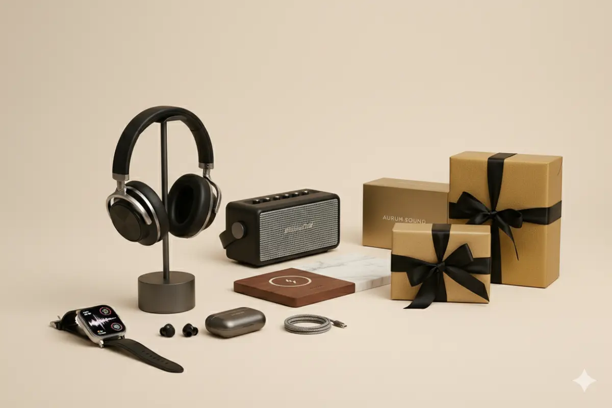 Luxe koptelefoons, draagbare speaker, slimme oortjes en accessoires op een beige achtergrond, met cadeauverpakkingen.