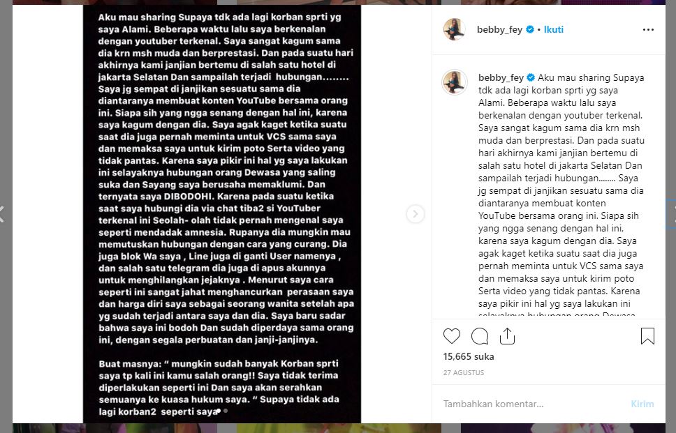 Curhatan Bebby Fey tentang youtuber yang diduga melecehkannya