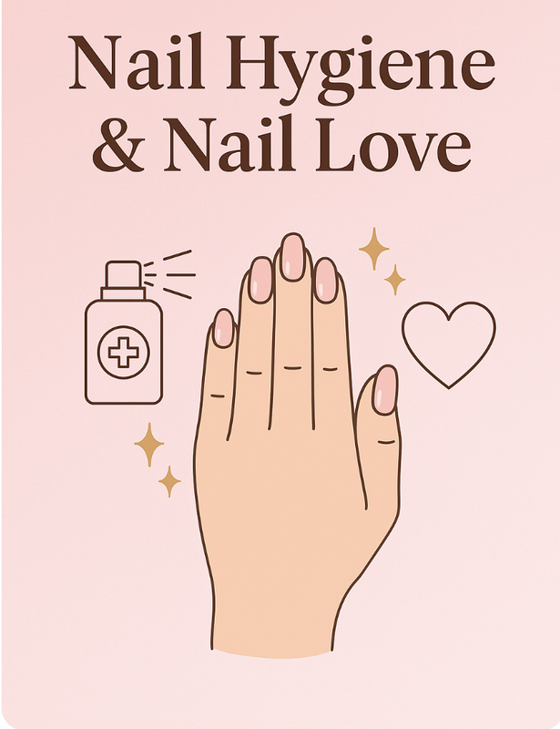 Illustration of clean manicured hand with heart and hygiene icons