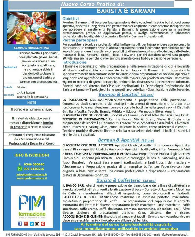 PM Formazione di Castel Bolognese organizza a Imola un Corso Pratico di Barista & Barman