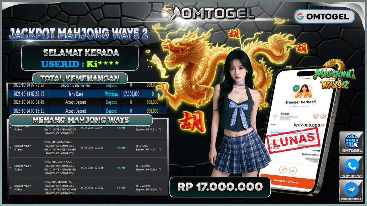 OMTOGEL JACKPOT PGSOFT MAHJONG WAYS 2 17 JUTA DI BAYAR LUNAS ,-