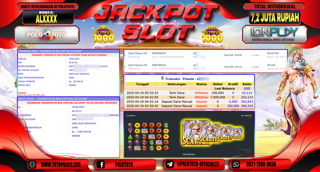 POLOTOTO JACKPOT SLOT GATES OF OLYMPUS 1000 Rp.7.200.000,-