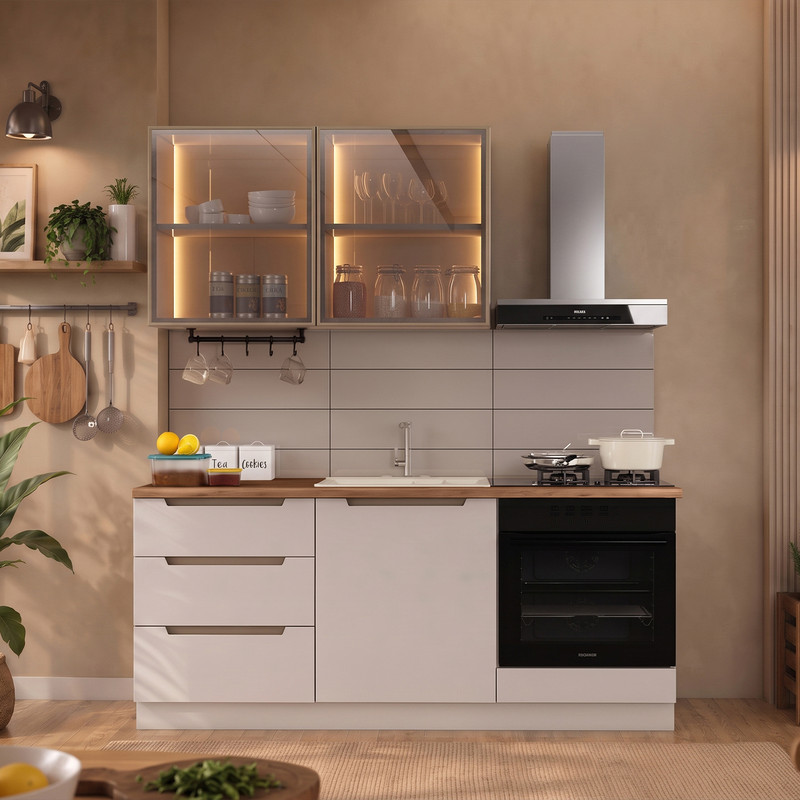 Hera 180 cm Mutfak Dolabı Seti %100 MDF Ledli Fırın Modüllü Çekmeceli Raflı Mutfak Dolabı Takımı 5 Modül Tezgah Dahil Bej
