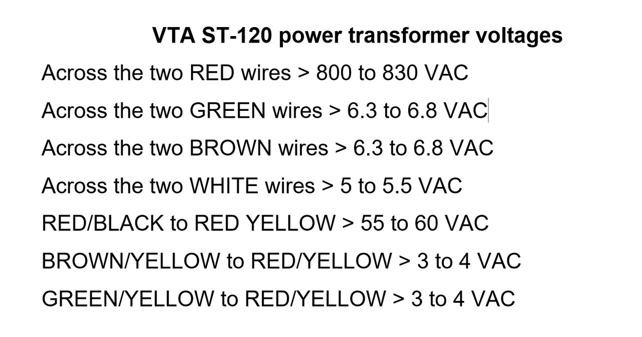 Think I toasted my Power Transformer, how do I test it? VTA-ST-120-power-transformer-normal-AC-voltages