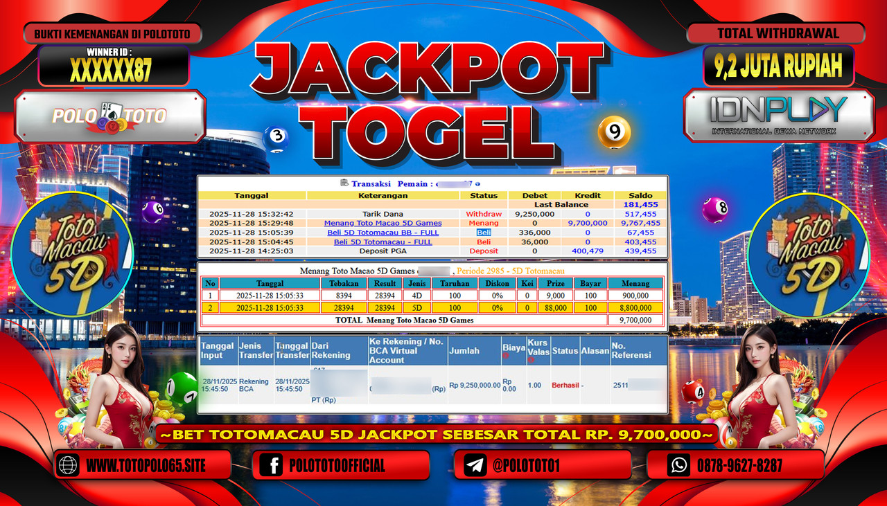 POLOTOTO JACKPOT TOGEL MENANG TOTO MACAU 5D Rp.9.200.000,- LUNAS