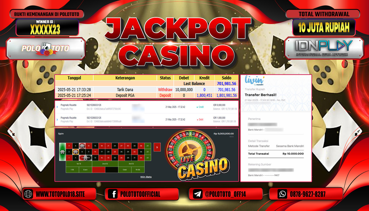 POLOTOTO JACKPOT CASINO PRAGMATIC ROULETTE Rp.10.000.000,-