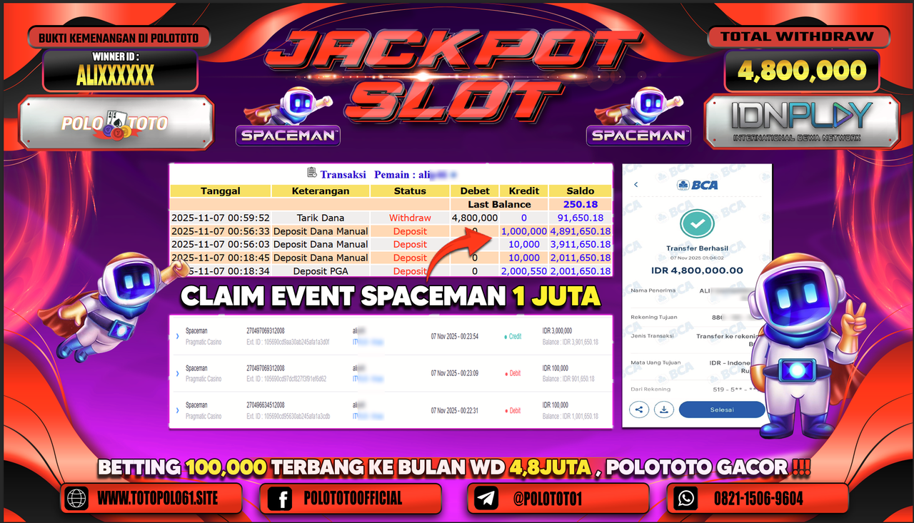 POLOTOTO JACKPOT SLOT SPACEMAN Rp.4.800.000,- LUNAS