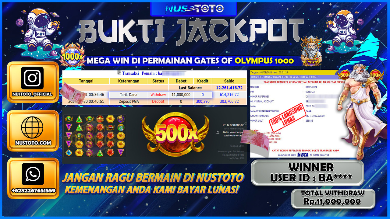 JACKPOT !! MENANG BESAR DI GATES OF ALYMPUS 1000 SENILAI Rp.11.000 .000 DIBAYAR LUNAS NUSTOTO !!