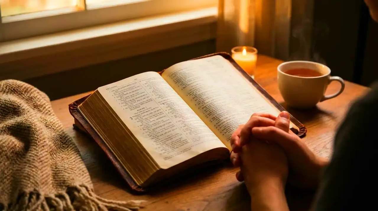 biblia abierta con luz suave en ambiente de tranquilidad y oración