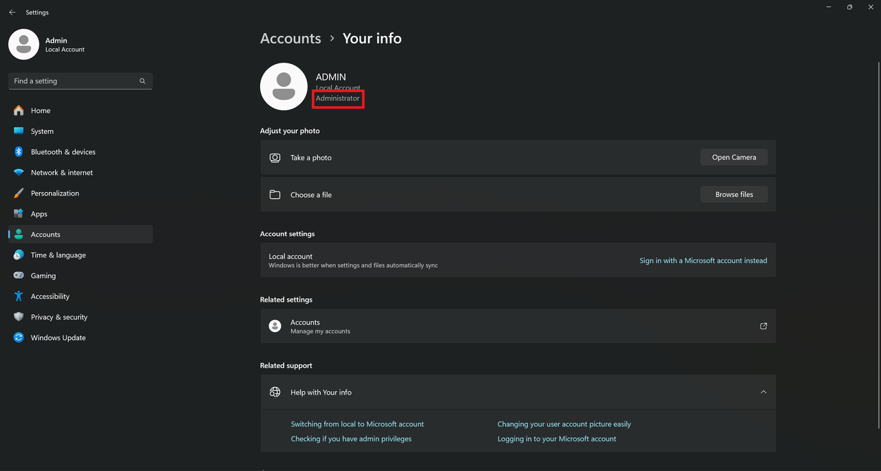 Screenshot showing where to find account type in Windows Settings.